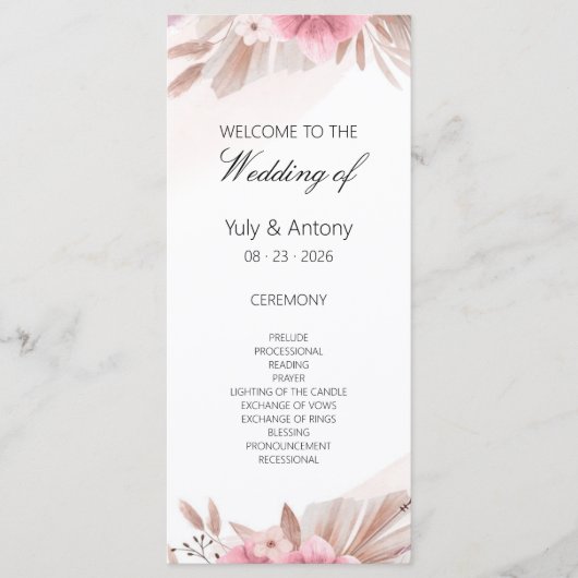 Rose-Champagner-Boho-Hochzeitsprogrammkarte (Vorderseite)