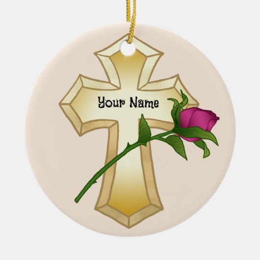 Rose Christliches Kreuz Keramik Ornament (Vorne)
