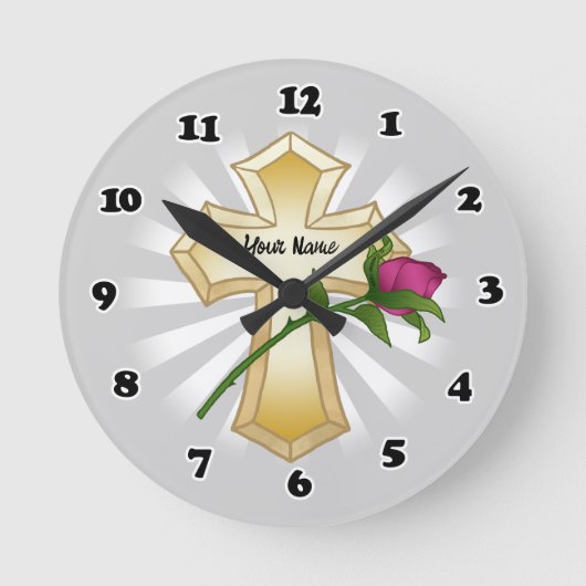 Rose Christliches Kreuz Runde Wanduhr (Vorderseite)