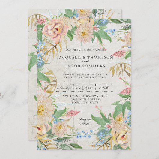 Rose Chrysanthemum Geflortes Wasserfarben Kunst, D Einladung (Vorne/Hinten)