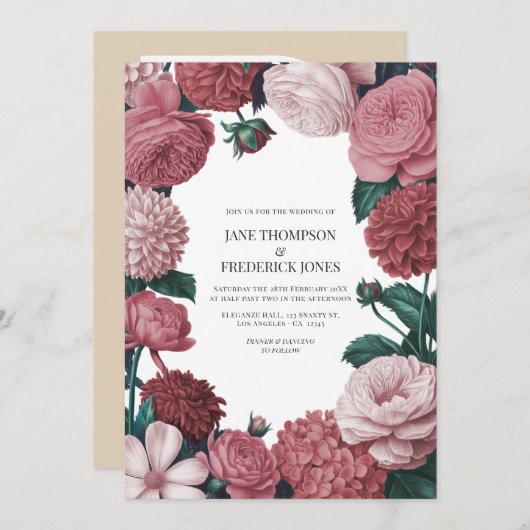 Rosé Clay, Terra Pink & Peony Smoke Floral Wedding Einladung (Vorne/Hinten)