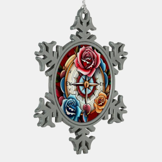 "Rose Compass Dreams" Schneeflocken Zinn-Ornament (Links)