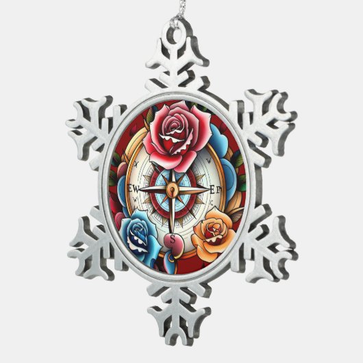 "Rose Compass Dreams" Schneeflocken Zinn-Ornament (Rechts)