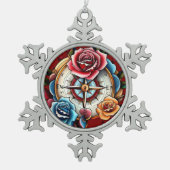 "Rose Compass Dreams" Schneeflocken Zinn-Ornament (Vorderseite)