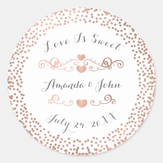 Rose Confetti Weiße Save the Date Liebe ist süß Runder Aufkleber (Vorderseite)
