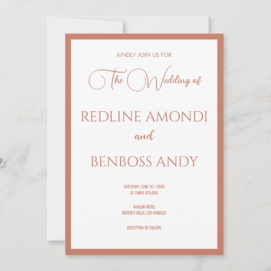 Rose Copper Minimalist Modern Calligraphy Wedding Einladung (Vorderseite)