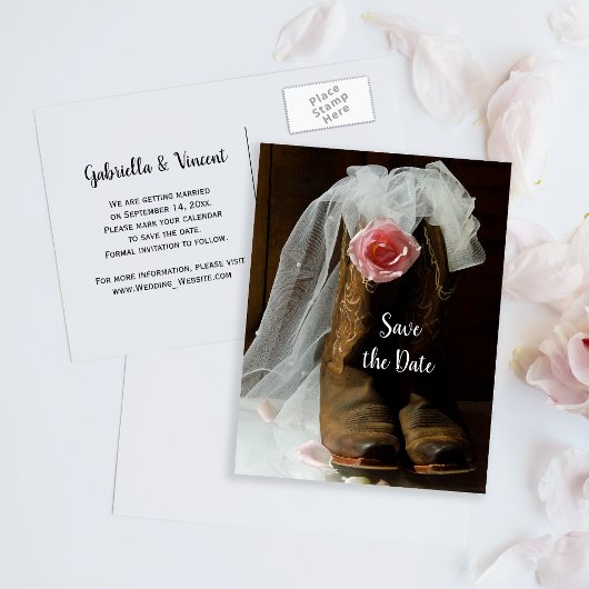 Rose Cowboy Boots Hochzeit speichern das Datum Ankündigungspostkarte