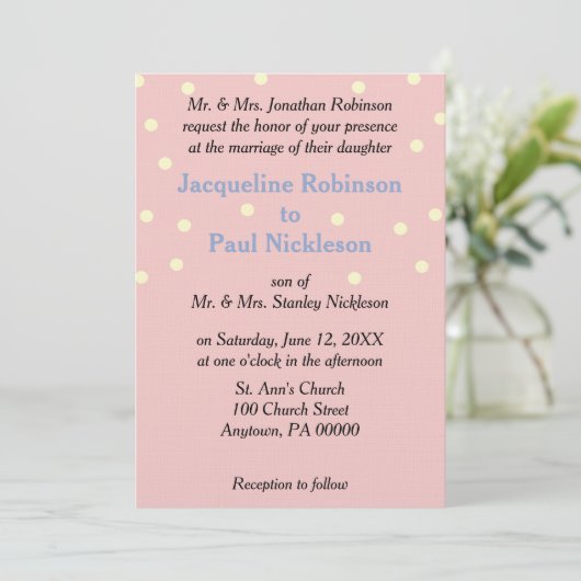 Rose Cream Polka Dots Blue Wedding Einladung (Stehend Vorderseite)