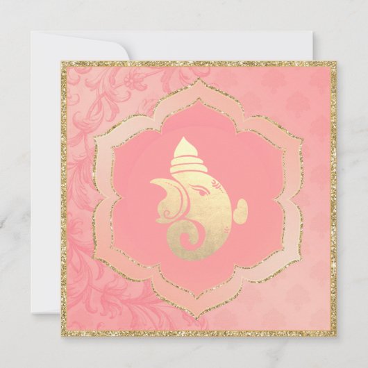 Rose Damask Gold Ganesh Indian Hindu Wedding Einladung (Vorderseite)