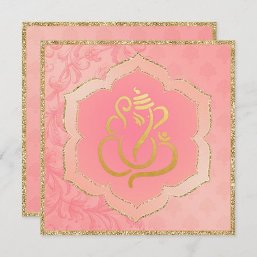 Rose Damask Gold Ganesh Indische Hochzeit Einladung (Vorne/Hinten)