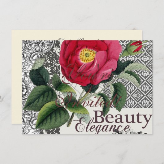Rose Damask Hübsche Blumenantik Einladung (Vorne/Hinten)