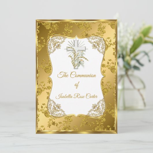 Rose Damask Pearl Gold White Cross Einladung (Stehend Vorderseite)