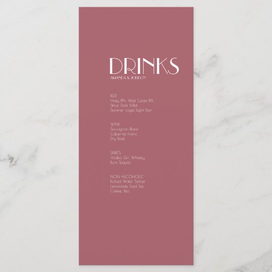 Rose | Dark Rose Wedk Drink Menu Menükarte (Vorderseite)