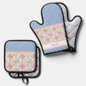 Rose der antiken Hütte | Blaues und weißes Herz Ofenhandschuh & Topflappen-Set (Vorderseite/Rückseite)