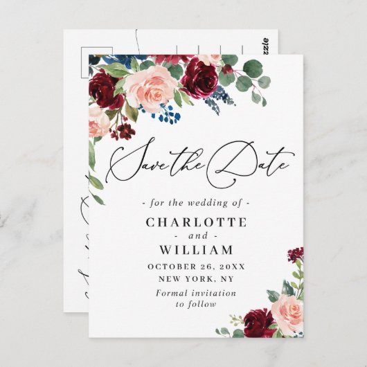 Rose der Burgundy Blush Navy Hochzeit speichern da Postkarte (Vorne/Hinten)