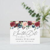 Rose der Burgundy Blush Navy Hochzeit speichern da Postkarte (Stehend Vorderseite)