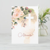 Rose der Heiligen Kommunion Rosa Religiöses Kreuz Einladung (Stehend Vorderseite)