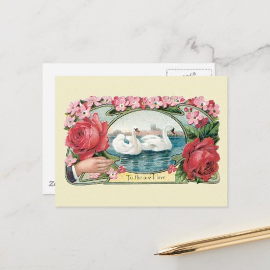 Rose der viktorianischen Freundschaft und Swans Po Postkarte (Vorderseite/Rückseite Beispiel)