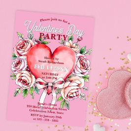 Rose der Wasserfarbe und Party des Herzvalentiner  Einladung