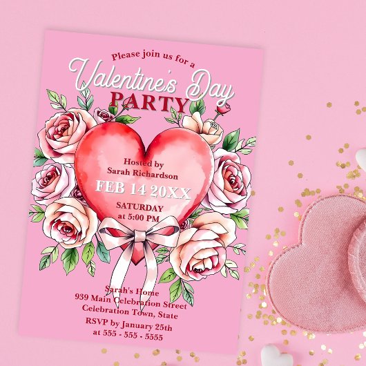 Rose der Wasserfarbe und Party des Herzvalentiner Einladung
