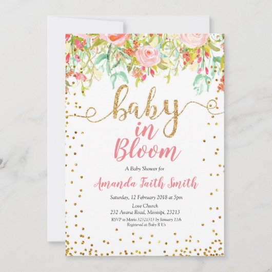 Rose des Babys mit Blume Einladung (Vorderseite)