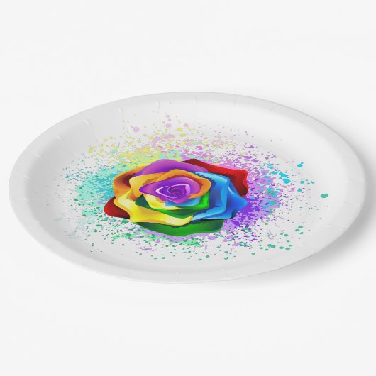Rose des Regenbogens Pappteller (Schrägansicht)