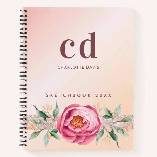 Rose des Sketchbuchs, rosa Blume, Monogramm Notizblock (Vorderseite)