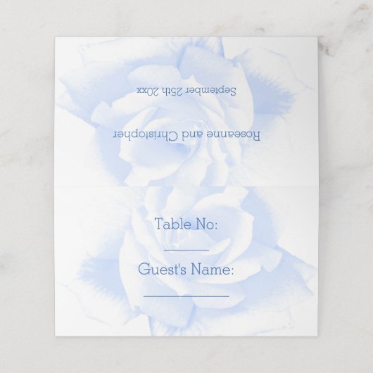 Rose Design Blau farbige Hochzeit Platzkarte (Außenseite Aufgefaltet)