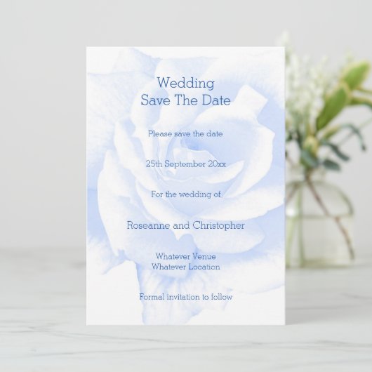 Rose Design Blau farbige Hochzeit Save The Date (Stehend Vorderseite)