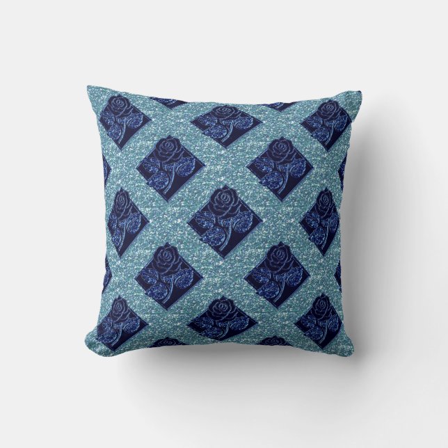 Rose Diamonds-07-Blue-Square Throw Kissen (Vorderseite)
