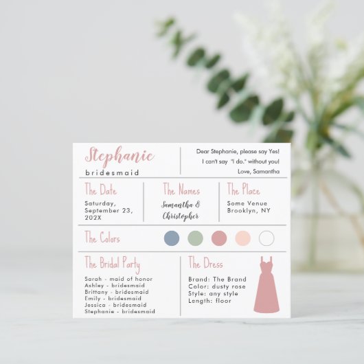 Rose Dress Color Bridesmaid Information Card (Stehend Vorderseite)