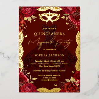 Rose Dress Masquerade Party Red Gold Quinceanera Folieneinladung