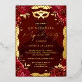 Rose Dress Masquerade Party Red Gold Quinceanera Folieneinladung (Vorderseite)