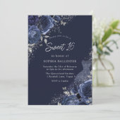Rose & Dress Navy & Silver Sweet 16 Party Einladung (Stehend Vorderseite)