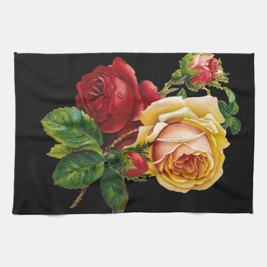 Rose Druckzubehör - Schwarz, Rot, Vintage Kunst Geschirrtuch (Horizontal)
