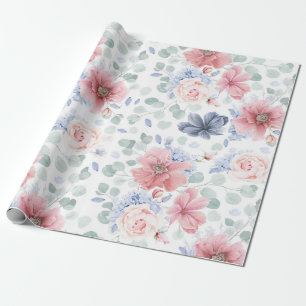 Rose Dusty Blauer Blumenmuster Elegant Geschenkpapier