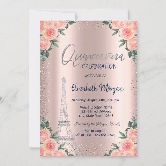 Rose, Eiffelturm, Blume, Rose Gold Quinceñera Einladung (Vorderseite)
