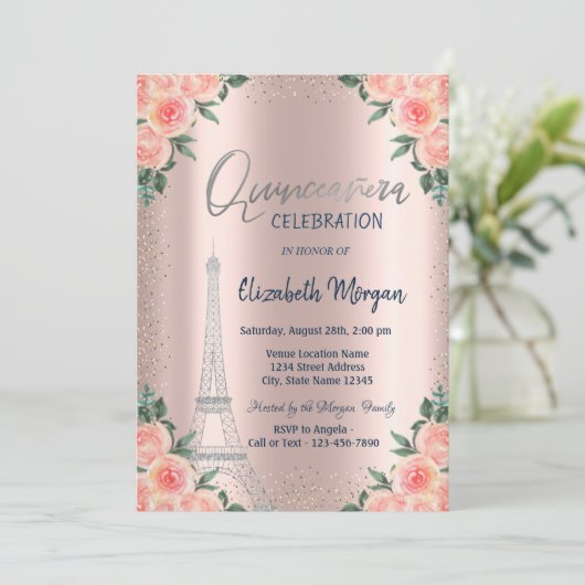 Rose, Eiffelturm, Blume, Rose Gold Quinceñera Einladung (Stehend Vorderseite)