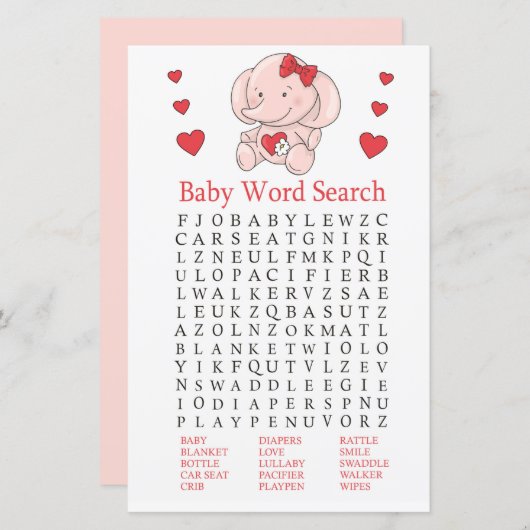 Rose Elefant Baby Shooter Word Search Game (Vorne/Hinten)