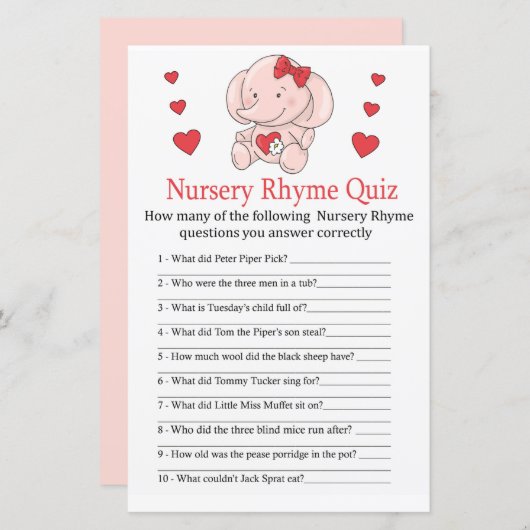 Rose Elefant Kinderzimmer Rhyme Quiz Kinderduschen (Vorne/Hinten)