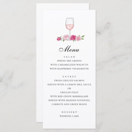 Rose. Elegante rosa Blumenhochzeit. Glas Wein Menükarte (Vorne/Hinten)
