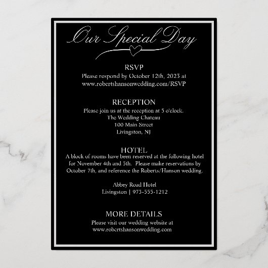 Rose, elegante Schwarze Hochzeit, Silber Folieneinladung (Rückseite)
