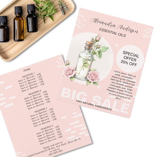 Rose Essenzielle Öle Aquarell Flasche Promo Flyer