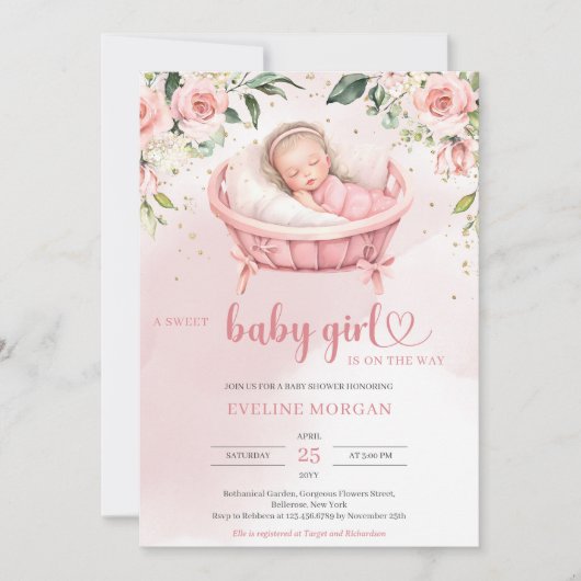 Rose Eukalyptus-Schlafbaby Einladung (Vorderseite)