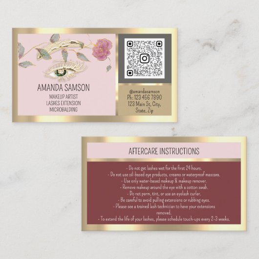 Rose Eyelash Microblade Qr Aftercare Instructions Visitenkarte (Vorne/Hinten)