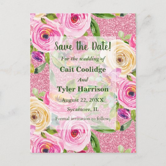 Rose Farbe Rosa Glitzer Save the Date Postkarte (Vorderseite)