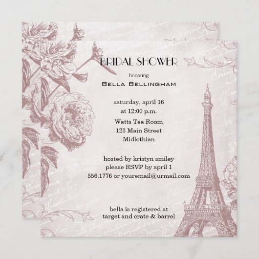 Rose Farbiger Eiffelturm Brautdusche Einladung (Vorne/Hinten)