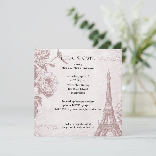 Rose Farbiger Eiffelturm Brautdusche Einladung (Stehend Vorderseite)