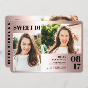 Rose Fett metallisch 3 Fotos Sweet 16 Geburtstag Einladung
