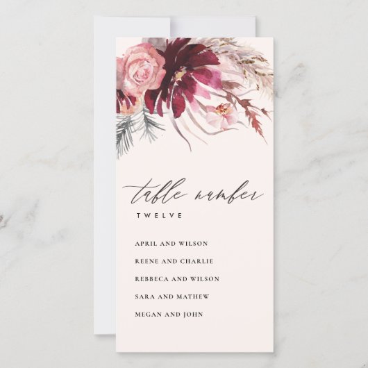 Rose Flora Pampas Grassitzplan Tischnummer (Vorderseite)
